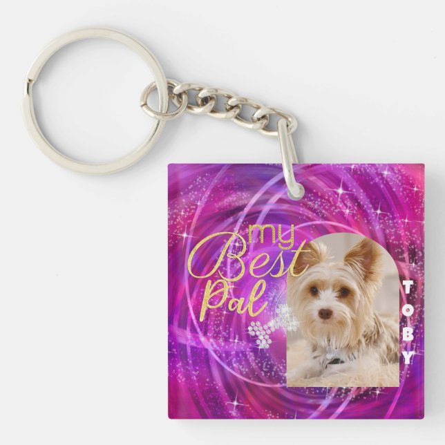 Glittering Pet Dog Photo Mangenta  Keychain (Front)