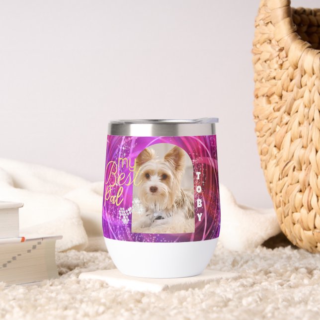 Glittering Pet Dog Photo Mangenta  Thermal Wine Tumbler (Living Room)