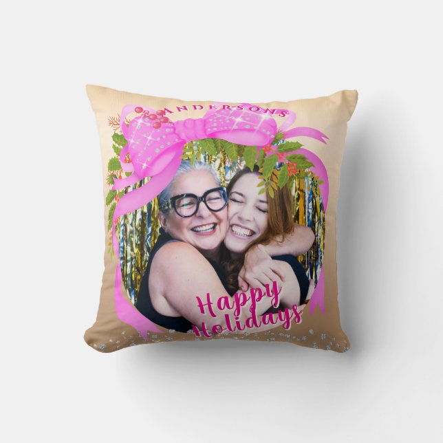 Glittering Pink Ribbon Christmas Photo Gold Throw Pillow (Front)