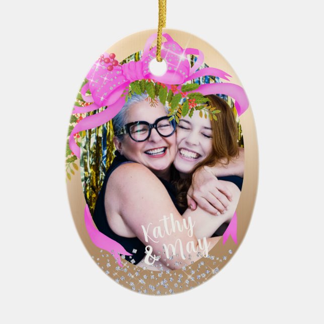 Glittering Pink Ribbon Photo  Christmas Gold Ceramic Ornament (Front)