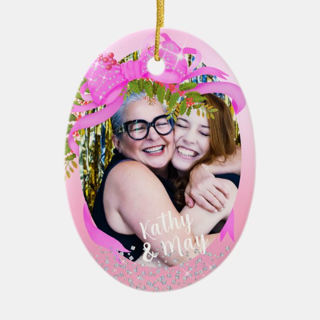 Glittering Pink Ribbon Photo  Christmas Pink Ceramic Ornament (Front)