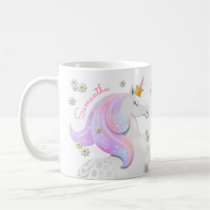 Glittering Pink Unicorn Princess with Crown Daises Coffee Mug