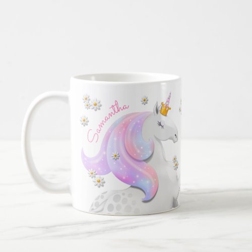 Glittering Pink Unicorn Princess with Crown Daises Coffee Mug