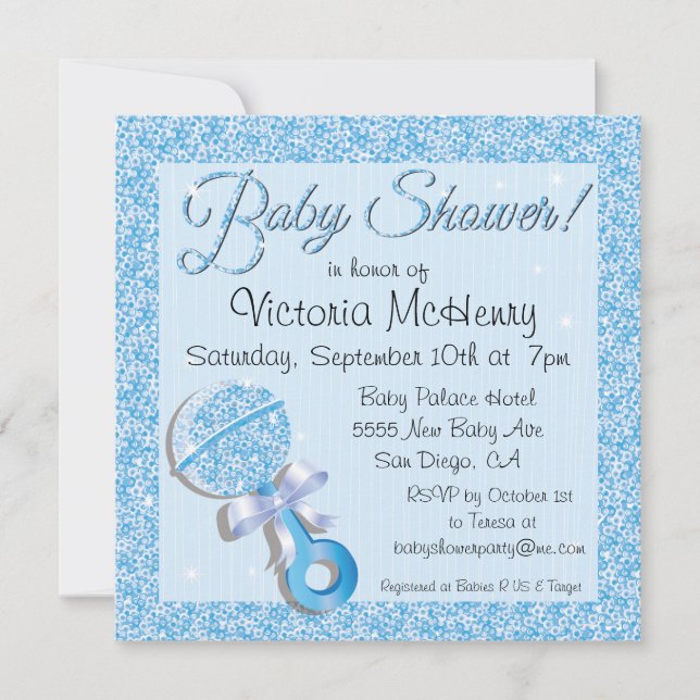Glittering Sequin Blue Baby Shower Invitation (Front)