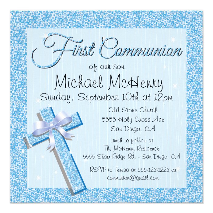 Glittering Sequin Blue First Communion Invitation