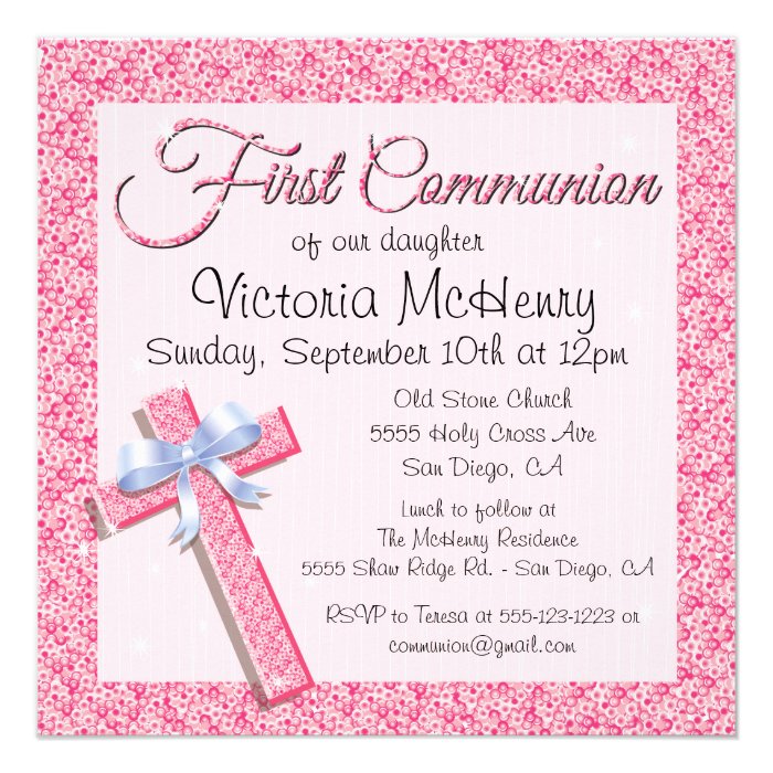 Glittering Sequin Pink First Communion Invitation