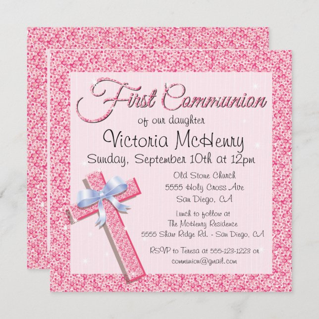 Glittering Sequin Pink First Communion Invitation (Front/Back)