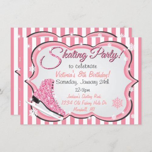Glittering Sequin Pink Ice Skating Party Invites