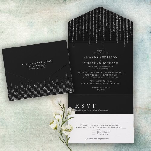 Glittering Silver Black and White Modern Wedding  All In One Invitation