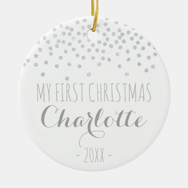 Glittering silver confetti | My first christmas Ceramic Ornament (Front)