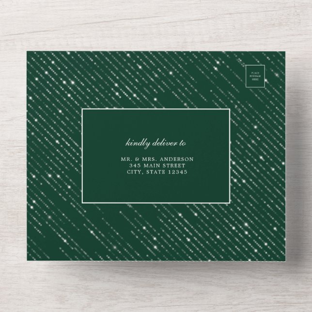 Glittering Silver Emerald Green Modern Wedding All In One Invitation (Front)
