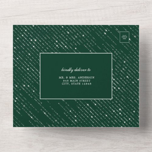 Glittering Silver Emerald Green Modern Wedding All In One Invitation