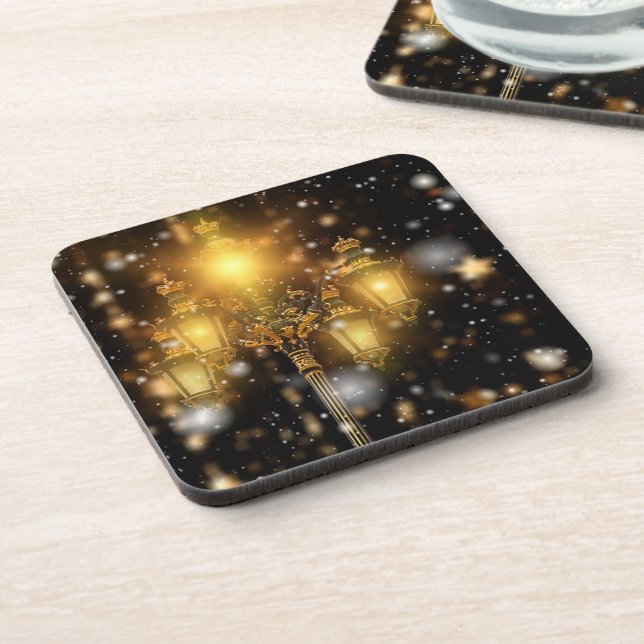 Glittering Snow Falling on the Lamp Beverage Coaster (Left Side)