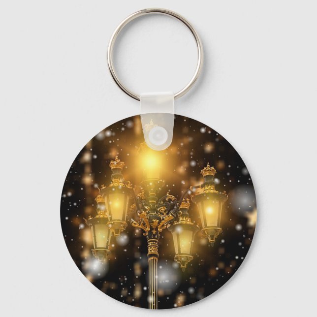Glittering Snow Falling on the Lamp  Keychain (Front)