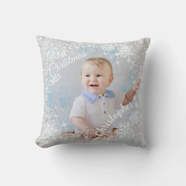 Glittering Snow Flakes Grey Throw Pillow (Front)