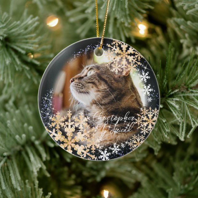 Glittering Snow Flakes Photo Black Ornament (Tree)