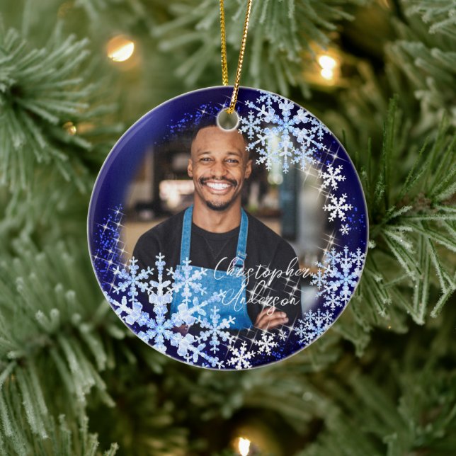Glittering Snow Flakes Photo Blue Ornament (Tree)