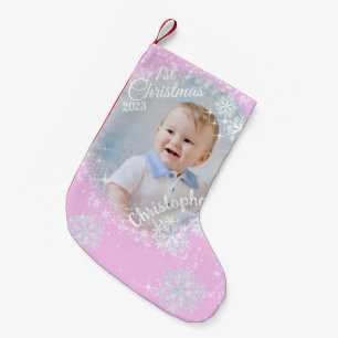Glittering Snow Flakes Pink Small Christmas Stocking