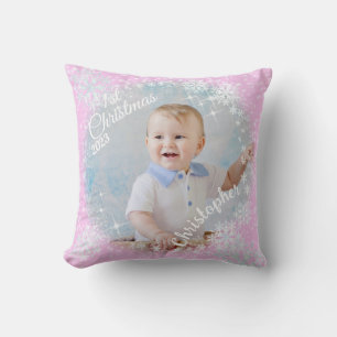 Glittering Snow Flakes Pink Throw Pillow