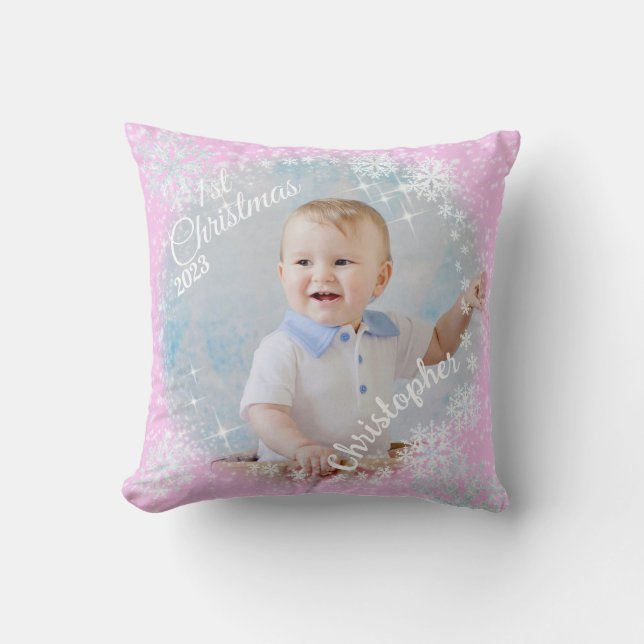Glittering Snow Flakes Pink Throw Pillow (Front)