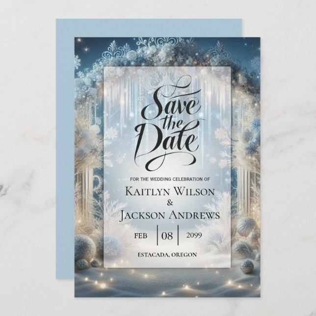 Glittering Snowy Forest Wedding Save The Date (Front/Back)