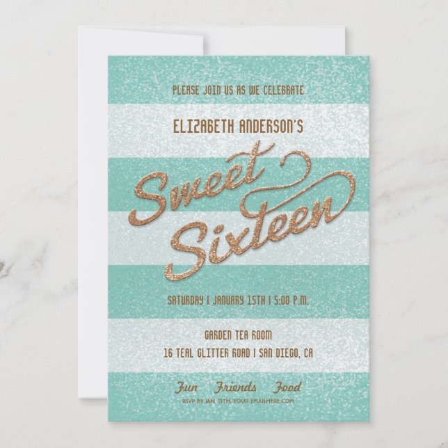 Glittering Teal Bold Stripes Sweet Sixteen Party Invitation (Front)
