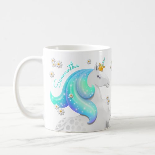 Glittering Turquoise Unicorn Princess with Daises Coffee Mug