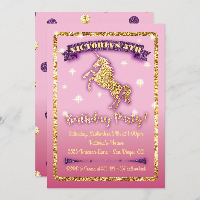 Glittering Unicorn Birthday Party Invitation (Front/Back)