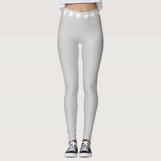 Glittering white stars on silver gray leggings (Front)