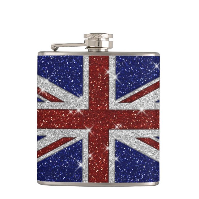 Glitters Shiny Sparkle Union Jack Flag Flask (Front)