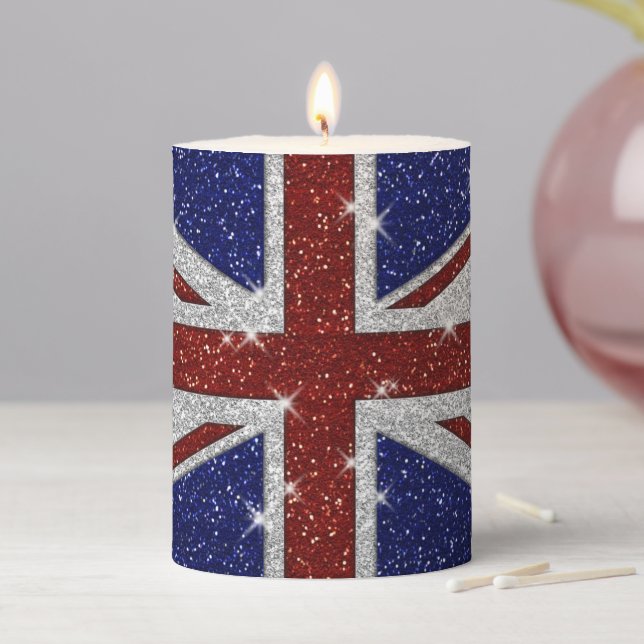 Glitters Shiny Sparkle Union Jack Flag Pillar Candle (In Situ)