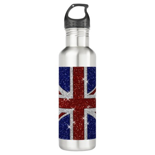 Glitters Shiny Sparkle Union Jack Flag Stainless Steel Water Bottle