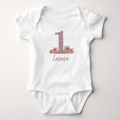 Glittery 1 Pumpkin patch first birthday with name Baby Bodysuit