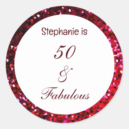 Glittery 50 Fabulous Birthday Burgundy Red Pink Classic Round Sticker