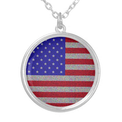 Glittery American Flag Silver Plated Necklace