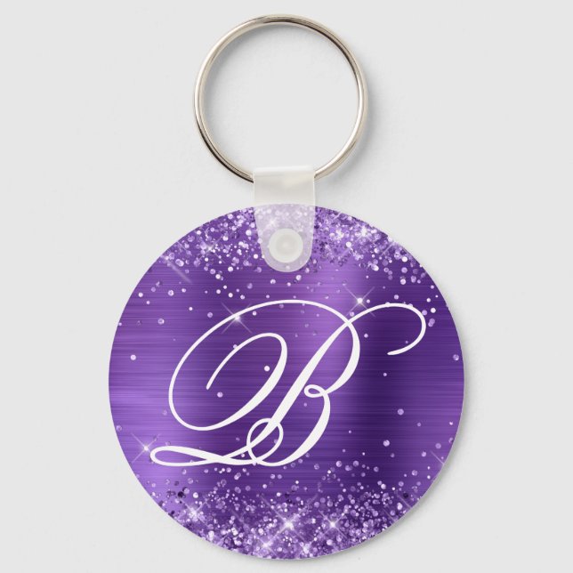 Glittery Amethyst Foil Fancy Monogram Keychain (Front)