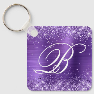 Glittery Amethyst Foil Fancy Monogram Keychain