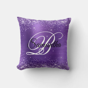 Glittery Amethyst Foil Fancy Monogram Throw Pillow