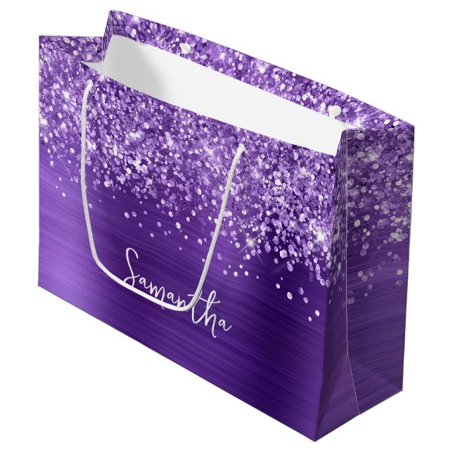 Glittery Amethyst Glam Name Large Gift Bag (Front Angled)