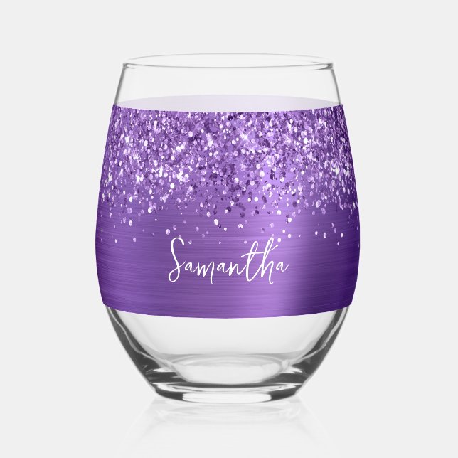 Glittery Amethyst Glam Name Stemless Wine Glass (Front)