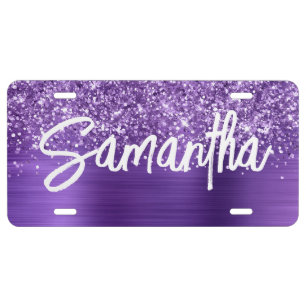 Glittery Amethyst Purple Glam Brush Script License Plate