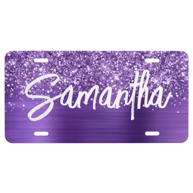 Glittery Amethyst Purple Glam Brush Script License Plate (Front)
