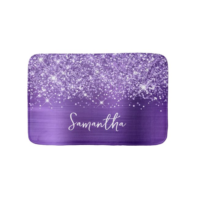 Glittery Amethyst Purple Glam Name Bath Mat (Front)