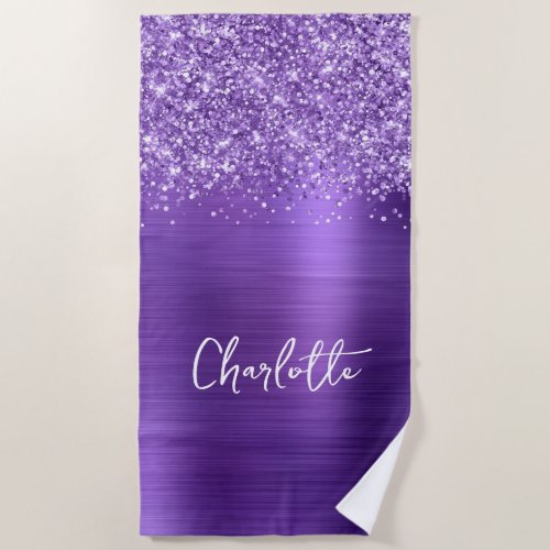 Glittery Amethyst Purple Glam Name Beach Towel