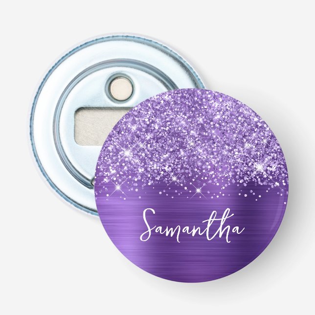 Glittery Amethyst Purple Glam Name Bottle Opener (Front)
