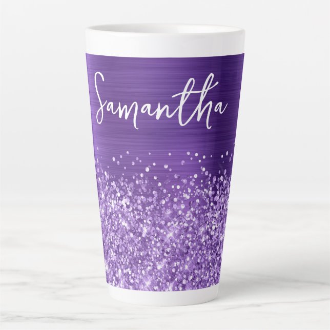 Glittery Amethyst Purple Glam Name Latte Mug (Front)