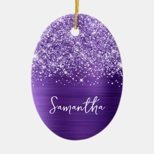 Glittery Amethyst Purple Glam Name Oval Photo Ceramic Ornament