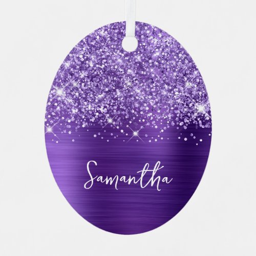 Glittery Amethyst Purple Glam Name Oval Photo Metal Ornament