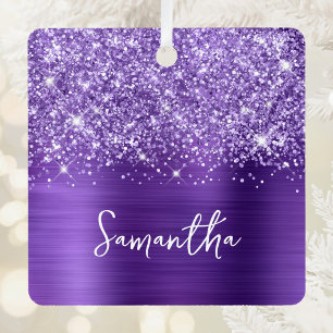 Glittery Amethyst Purple Glam Name Square Photo Metal Ornament