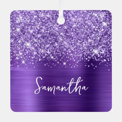 Glittery Amethyst Purple Glam Name Square Photo Metal Ornament